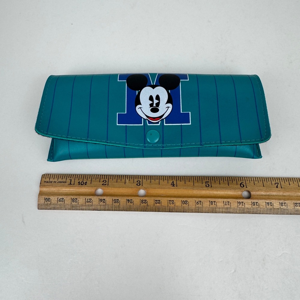 Vtg 90s Teal Green Turquoise Pinstripe Mickey Mouse Eyeglass‎ Soft Case w Button